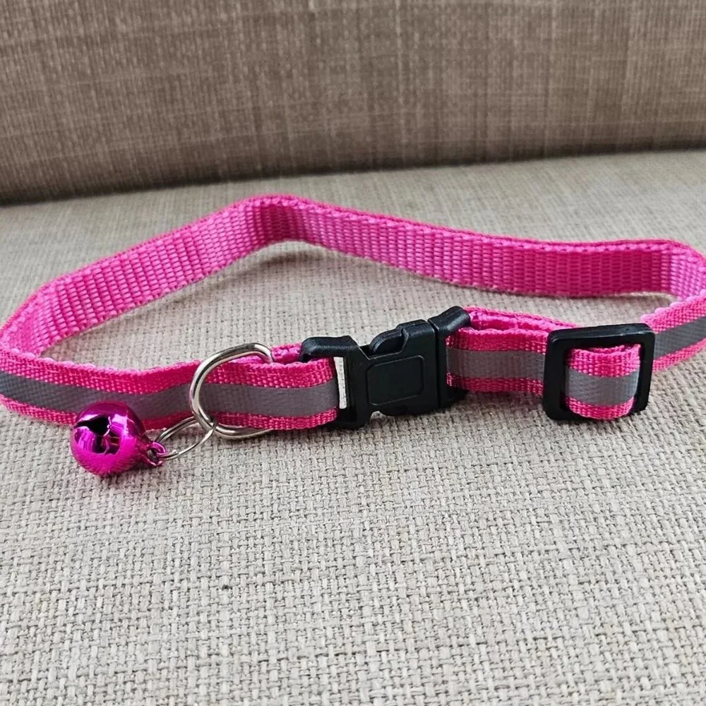 Cat Collar W/ Bell Pink/Gray Reflective Nylon Cat Safety Collar Size Adjust